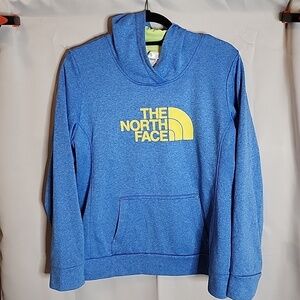 The North Face Heather Blue Yellow Logo Print Track Pullover Hoodie Ladies Sz Lg